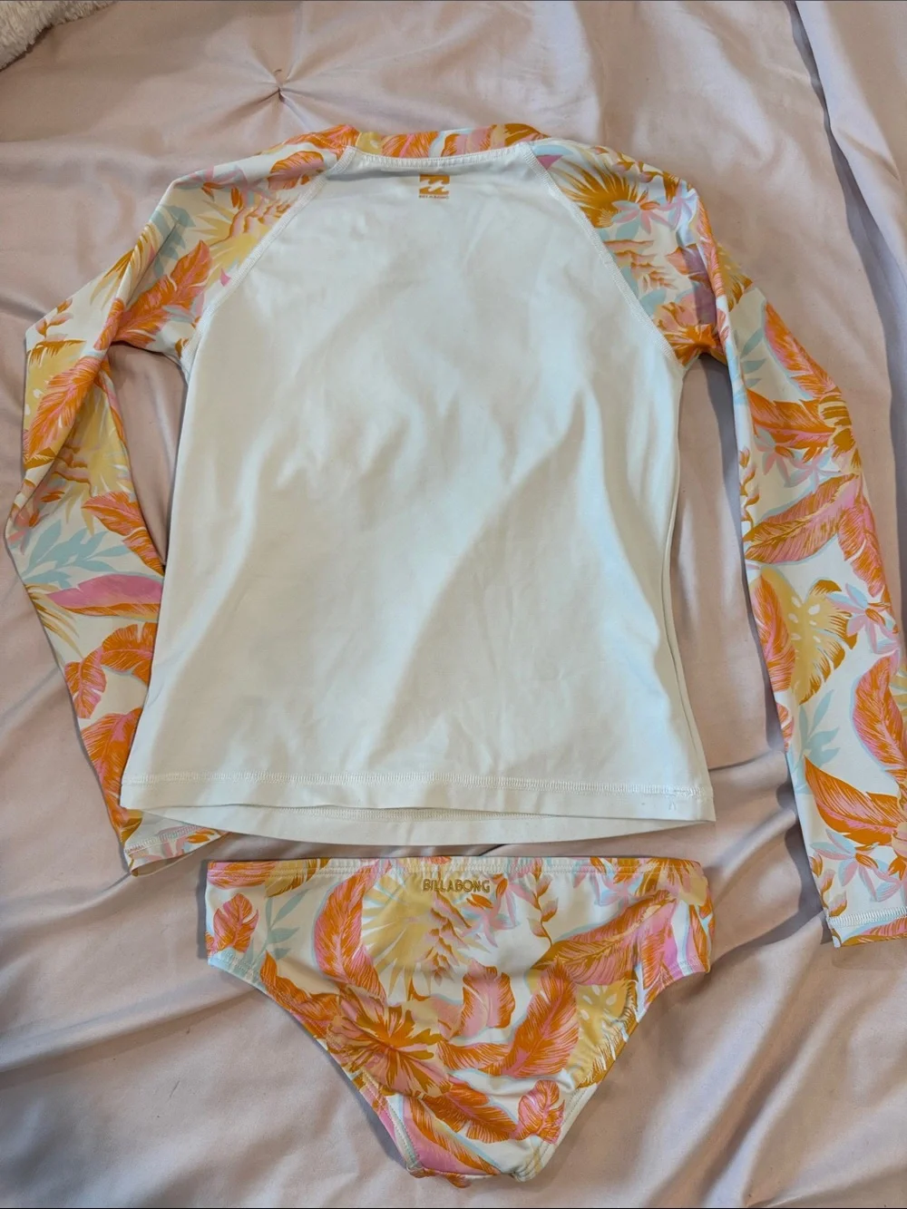 Billabong White Rashguard with Orange Floral Sleeves & Matching Bottoms